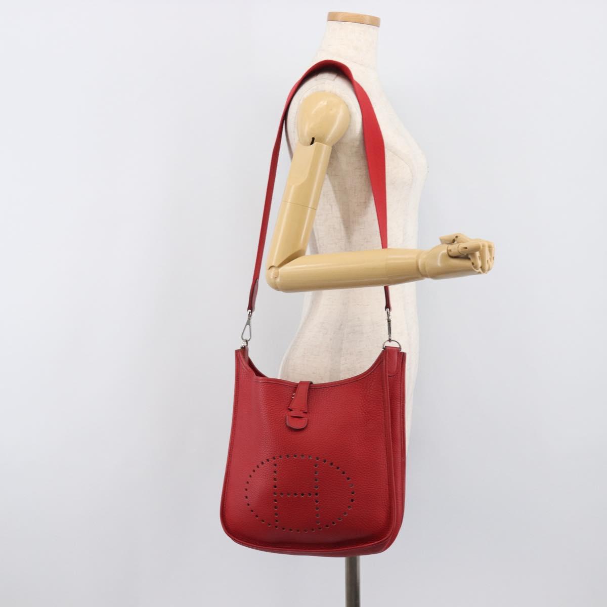 HERMES Evelyn 2 PM Shoulder Bag Taurillon Clemence Red Silver Auth 203233V