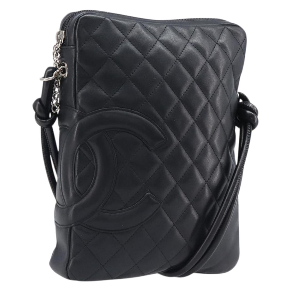 CHANEL Cambon Line Matelasse Shoulder Bag Leather Black Silver CC Auth 203237V