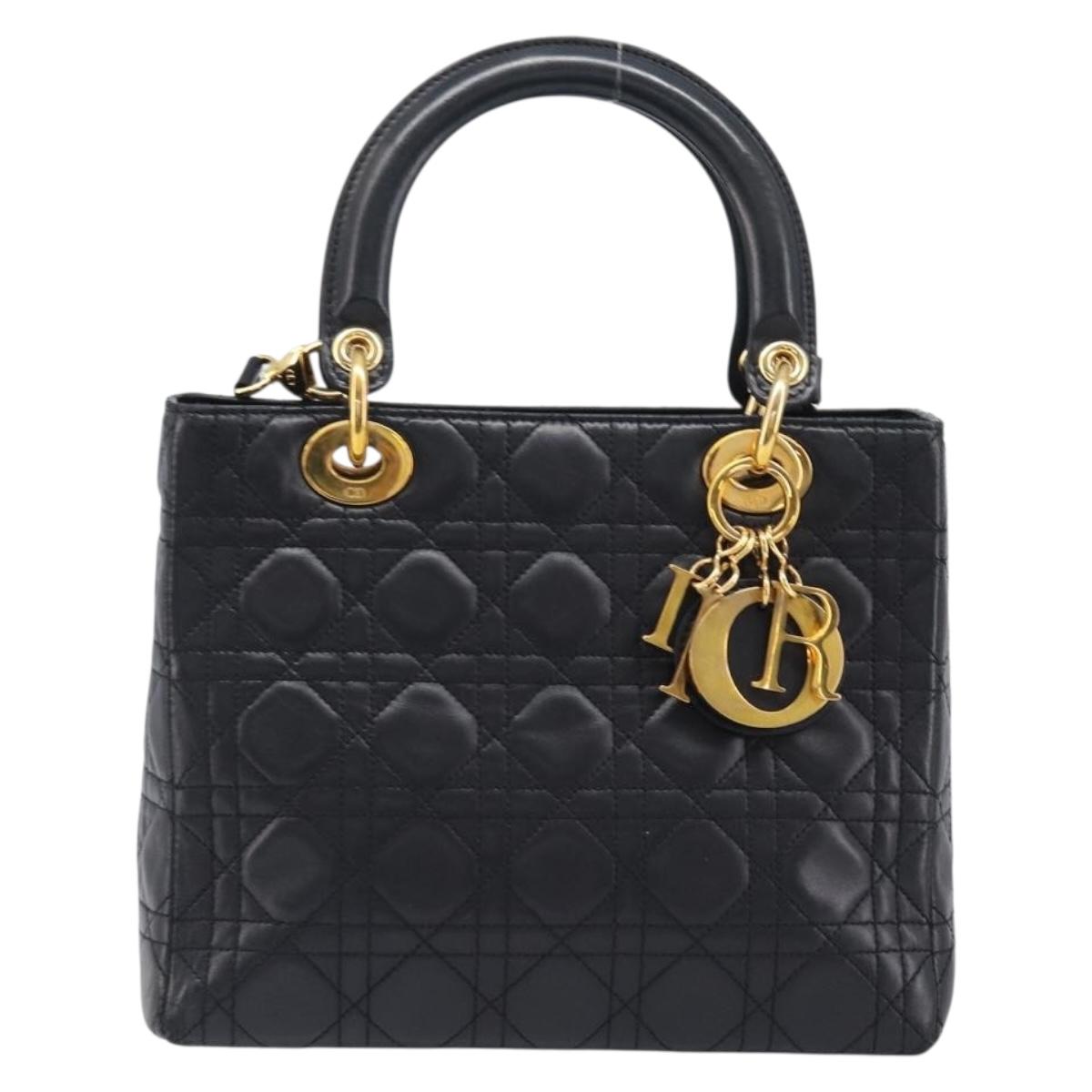 Christian Dior Canage Hand Bag Lamb Skin 2way Black Gold Auth 203242V