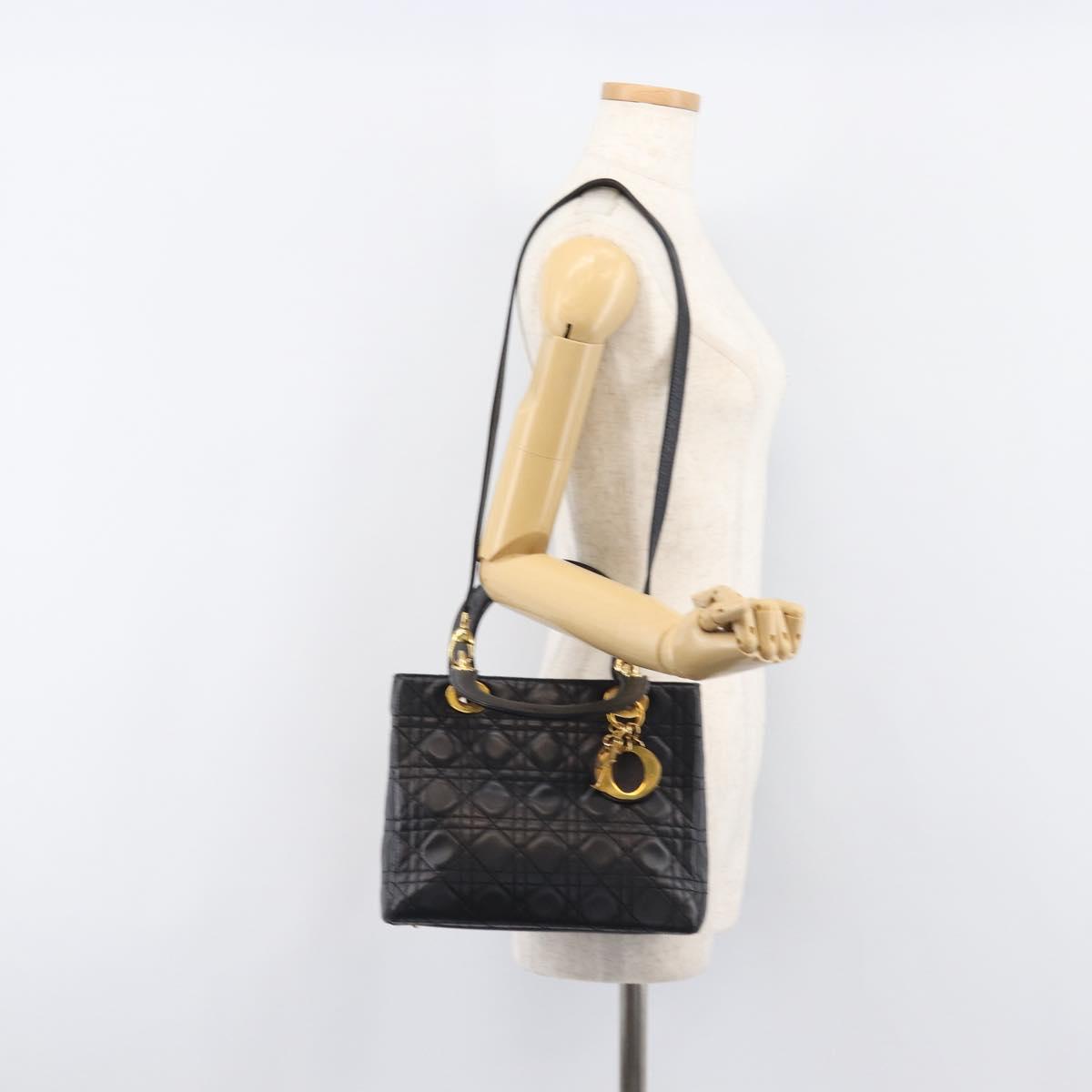 Christian Dior Canage Hand Bag Lamb Skin 2way Black Gold Auth 203242V
