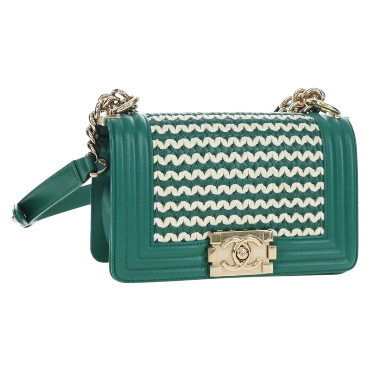 CHANEL Boy Chanel 20 Chain Shoulder Bag Leather Green Gold CC Auth 203249SAM