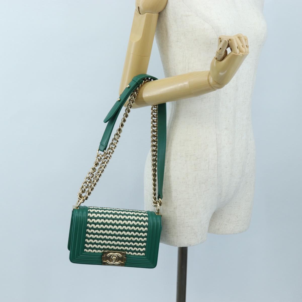 CHANEL Boy Chanel 20 Chain Shoulder Bag Leather Green Gold CC Auth 203249SAM
