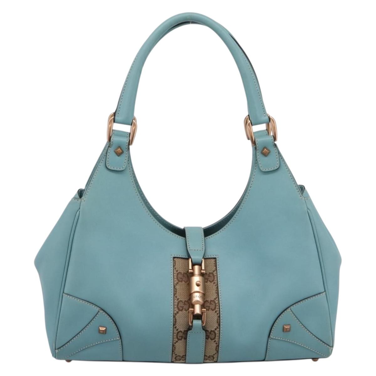 GUCCI New Jackie Hand Bag Leather Light Blue Gold 124407 Auth 203254V
