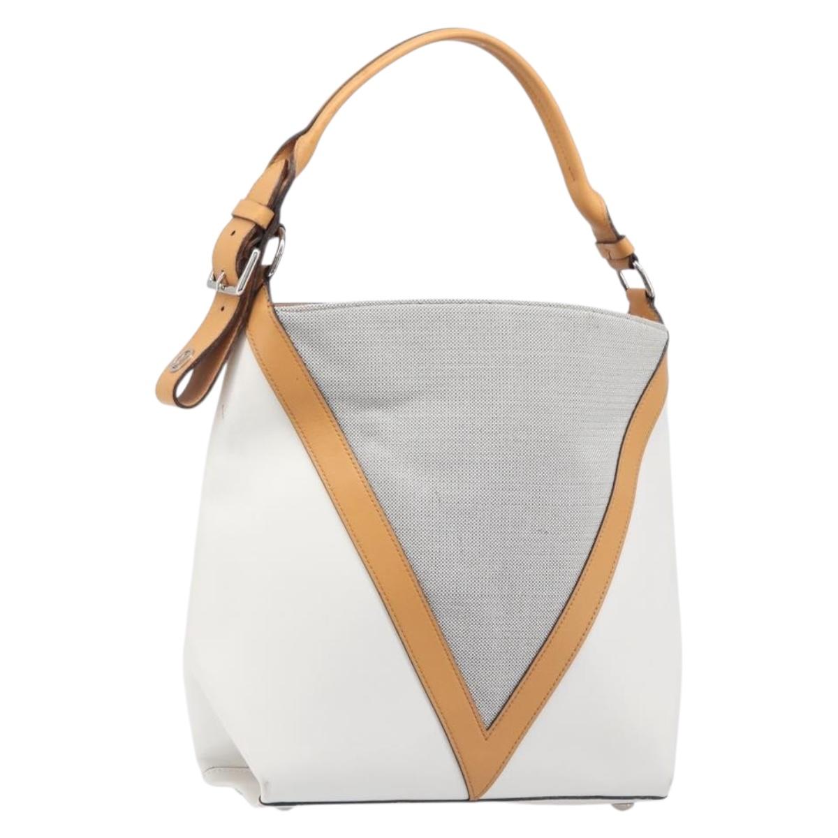LOUIS VUITTON V Baguette GM Shoulder Bag Leather White Silver LV Auth 203256