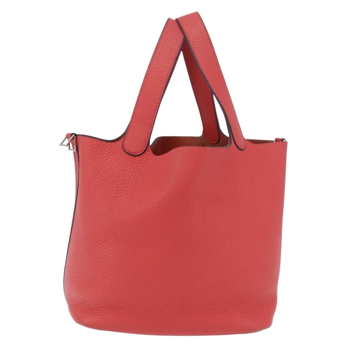 HERMES Pico Tan Lock MM Hand Bag Leather Pink Silver Auth 203257SAM
