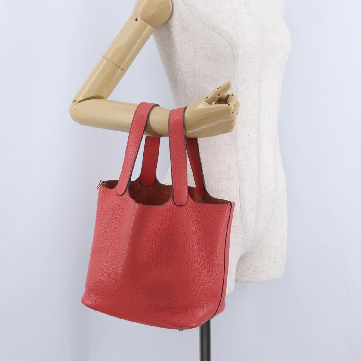 HERMES Pico Tan Lock MM Hand Bag Leather Pink Silver Auth 203257SAM