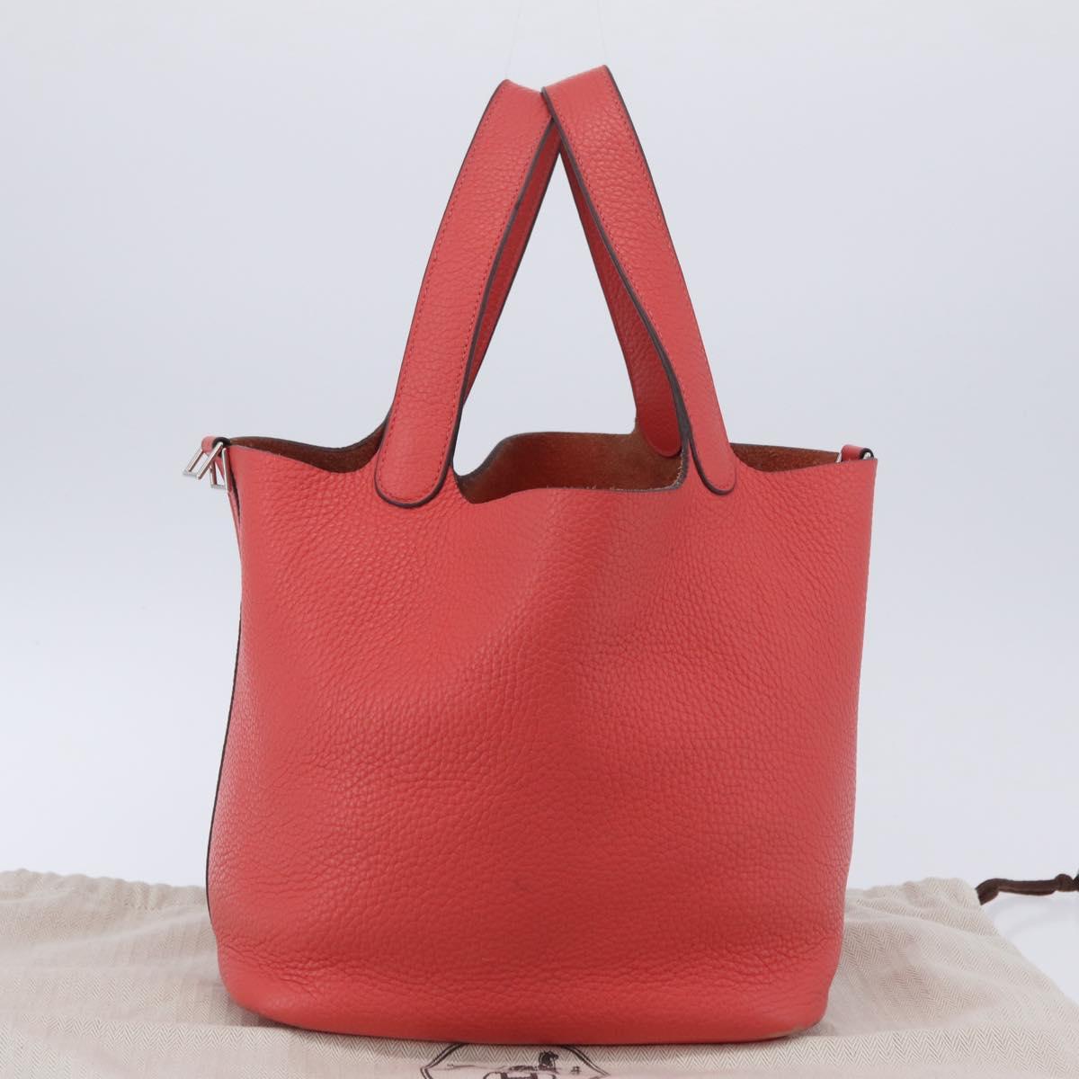 HERMES Pico Tan Lock MM Hand Bag Leather Pink Silver Auth 203257SAM