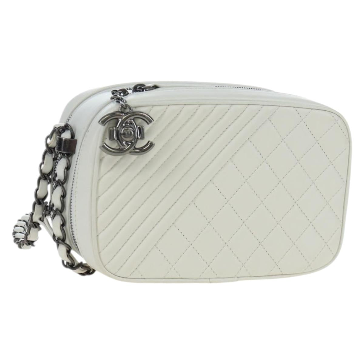 CHANEL Boy Chanel Chain Shoulder Camera Bag Lamb Skin White CC Auth 203260V