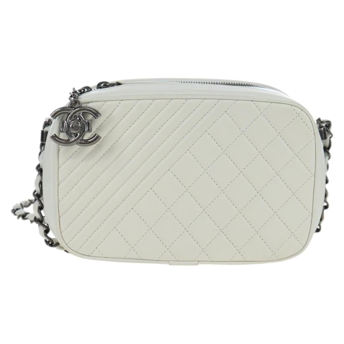 CHANEL Boy Chanel Chain Shoulder Camera Bag Lamb Skin White CC Auth 203260V