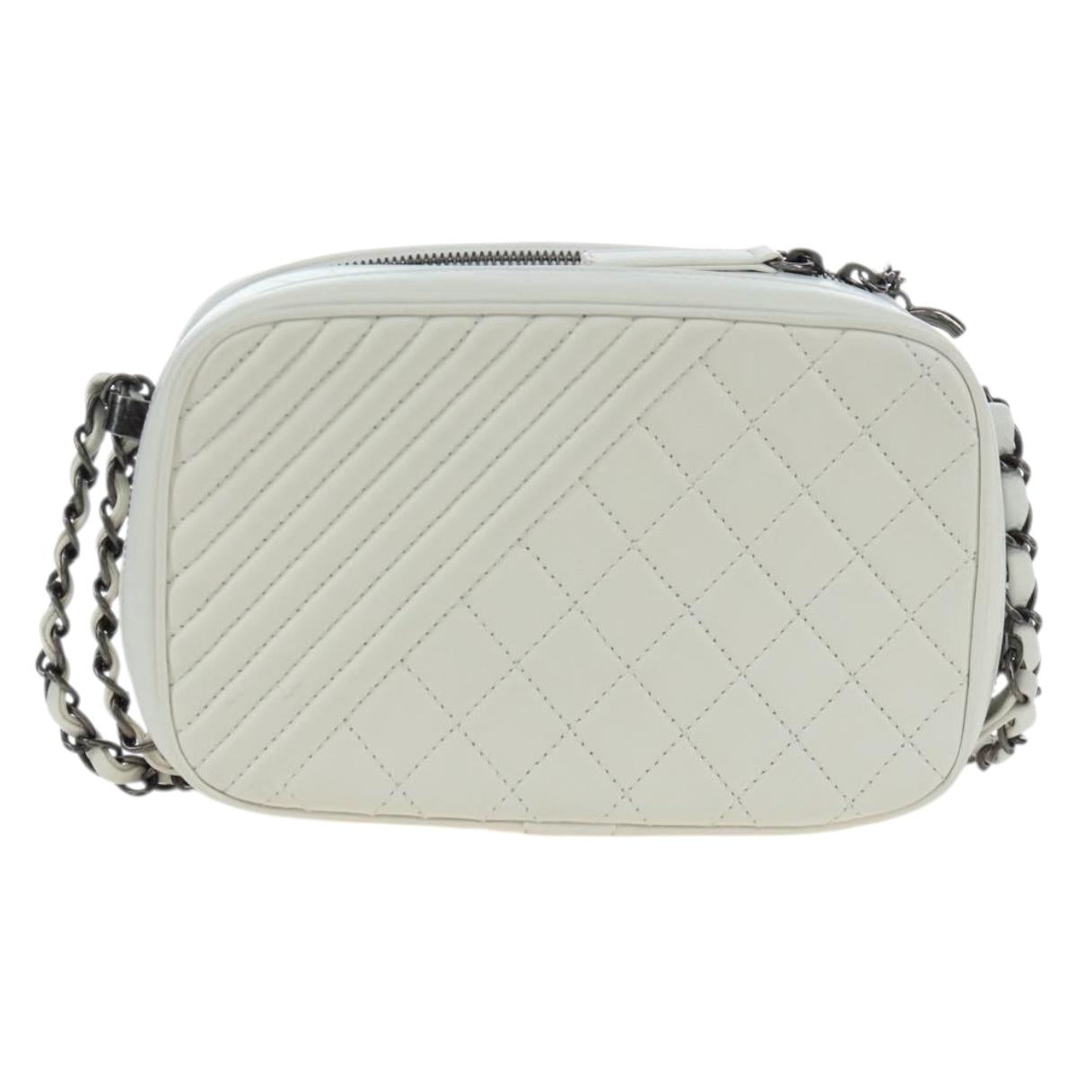 CHANEL Boy Chanel Chain Shoulder Camera Bag Lamb Skin White CC Auth 203260V