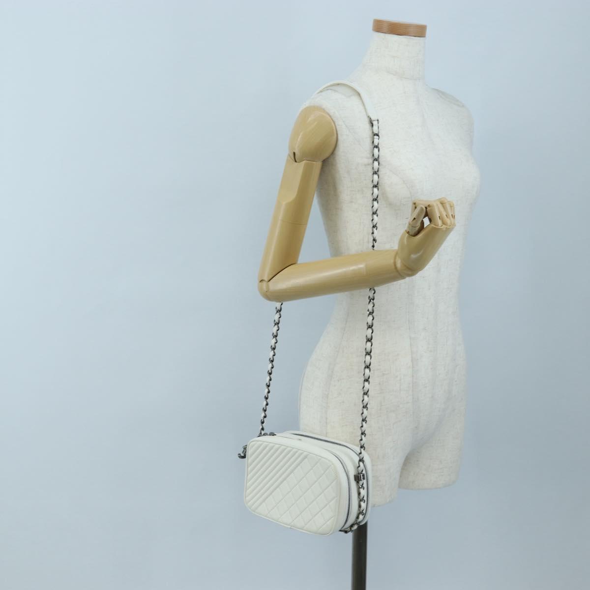 CHANEL Boy Chanel Chain Shoulder Camera Bag Lamb Skin White CC Auth 203260V
