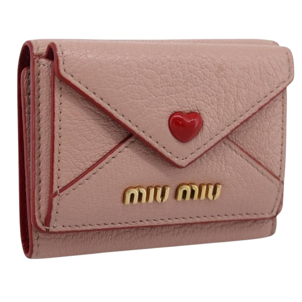 Miu Miu Trifold Wallet Leather Pink Gold Auth 203263A