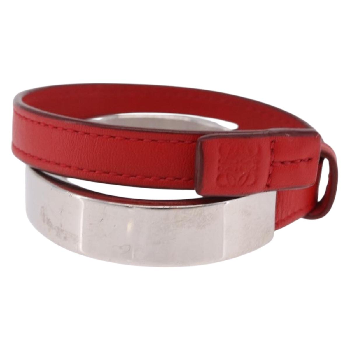 LOEWE Bangle Leather Red Silver Auth 203313A