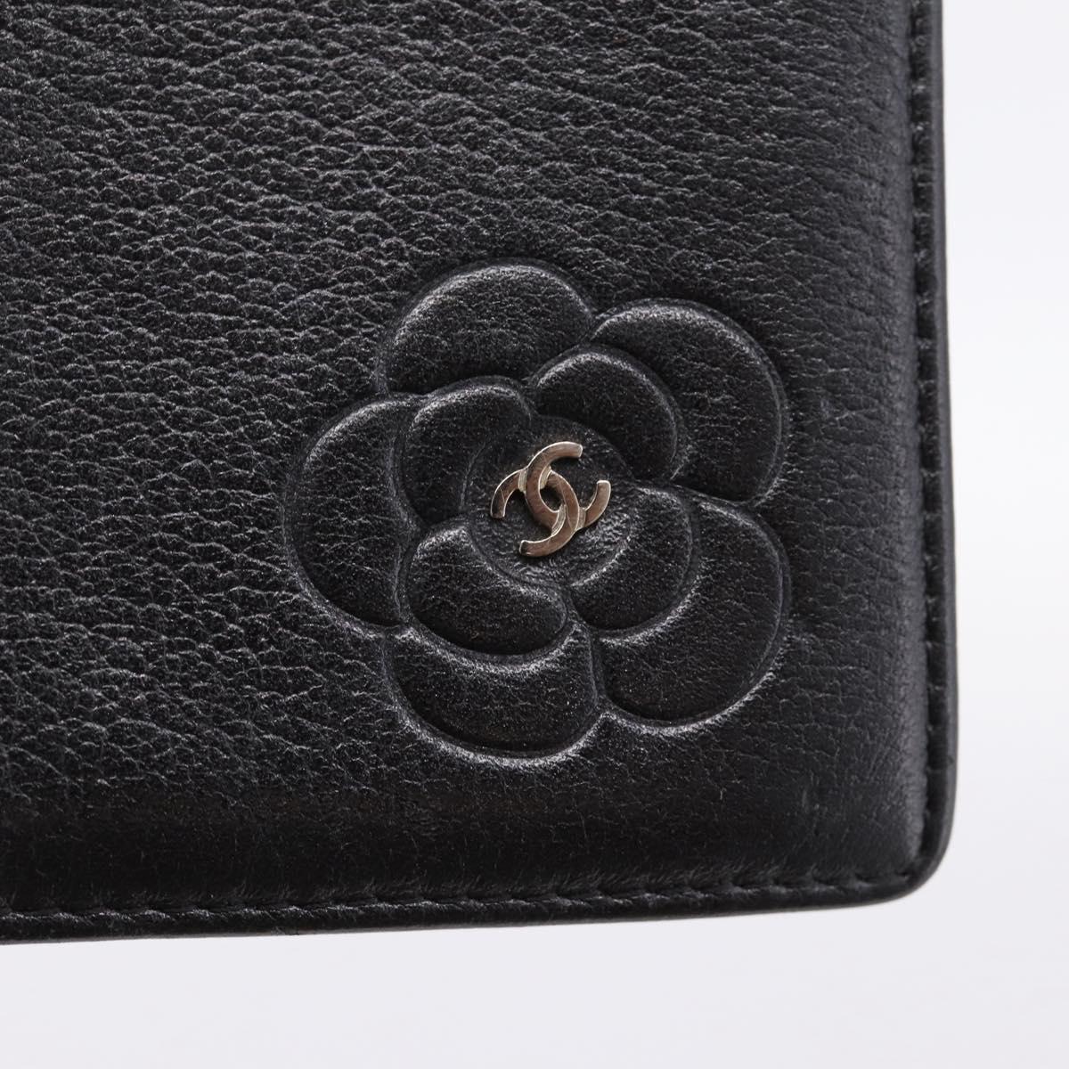CHANEL Camelia Card Case Calf Skin Black CC Auth 203316A