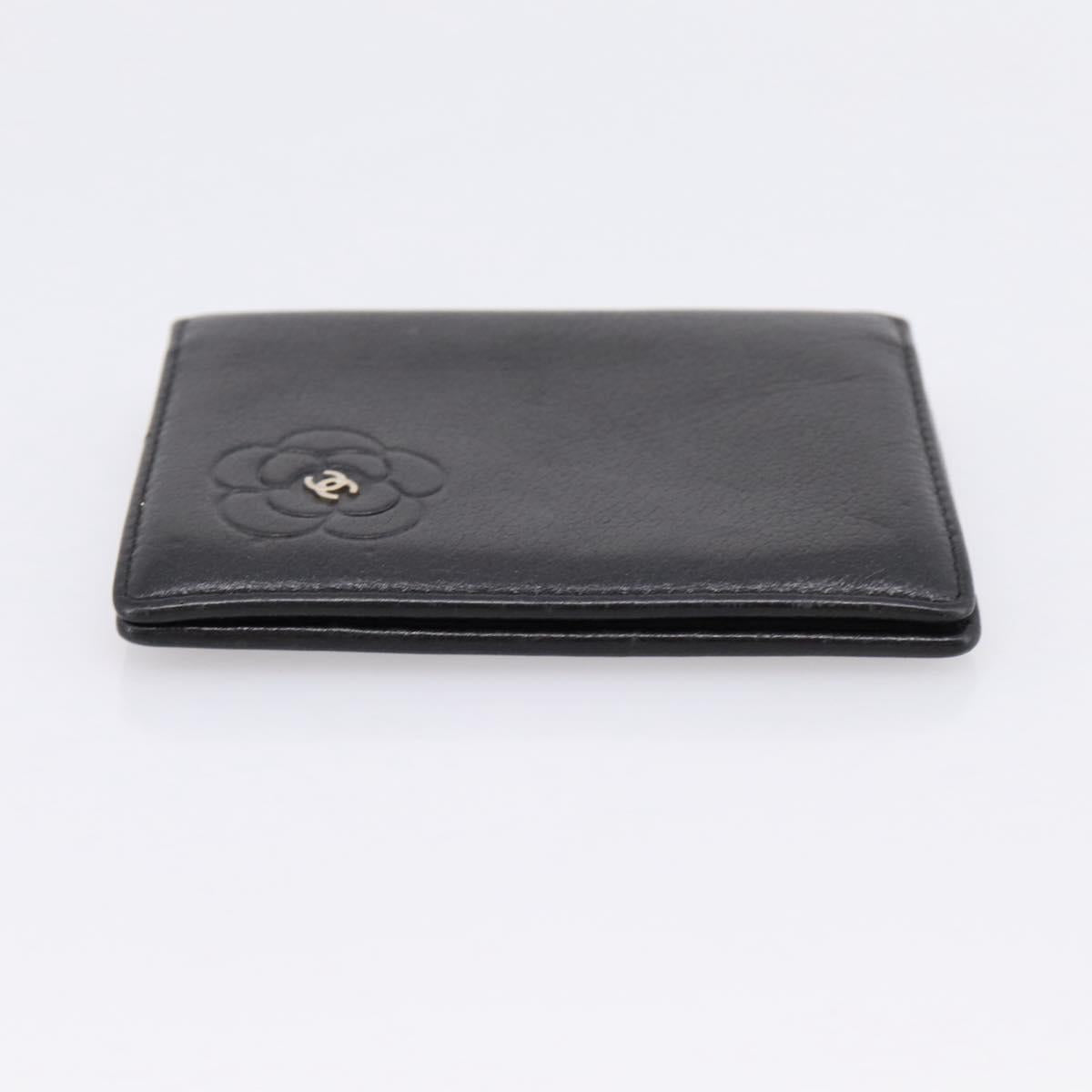 CHANEL Camelia Card Case Calf Skin Black CC Auth 203316A