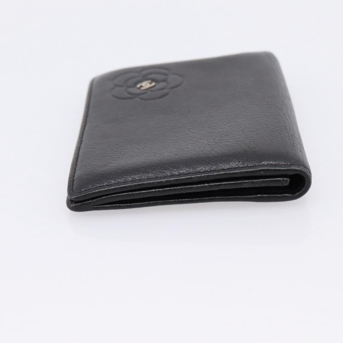 CHANEL Camelia Card Case Calf Skin Black CC Auth 203316A