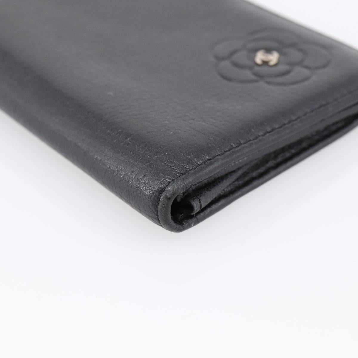 CHANEL Camelia Card Case Calf Skin Black CC Auth 203316A