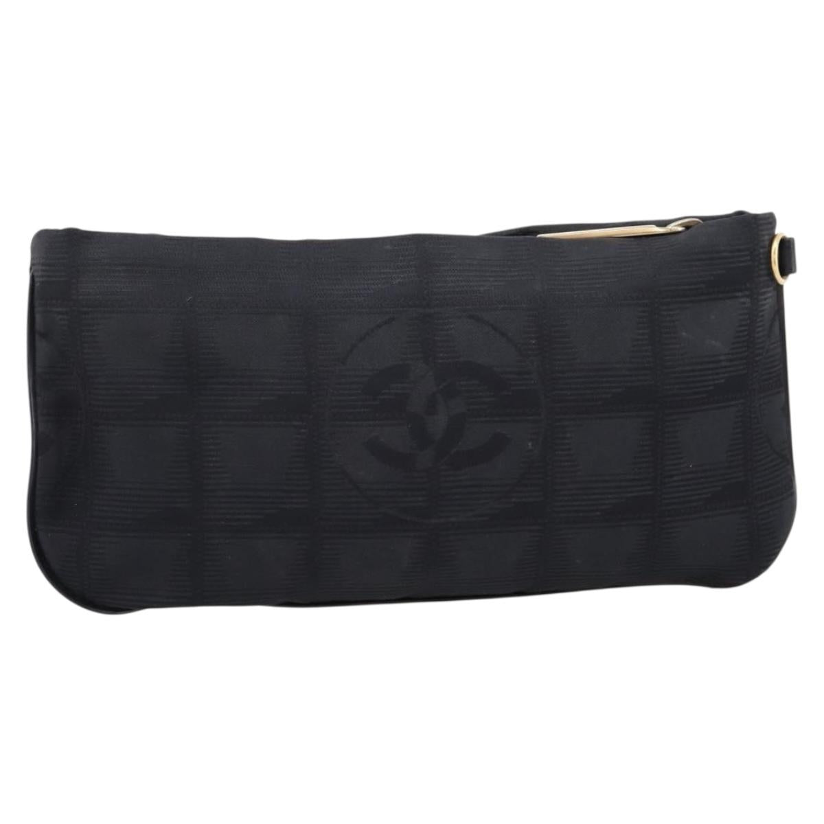 CHANEL New Travel Line Pouch Canvas Black Gold CC Auth 203320