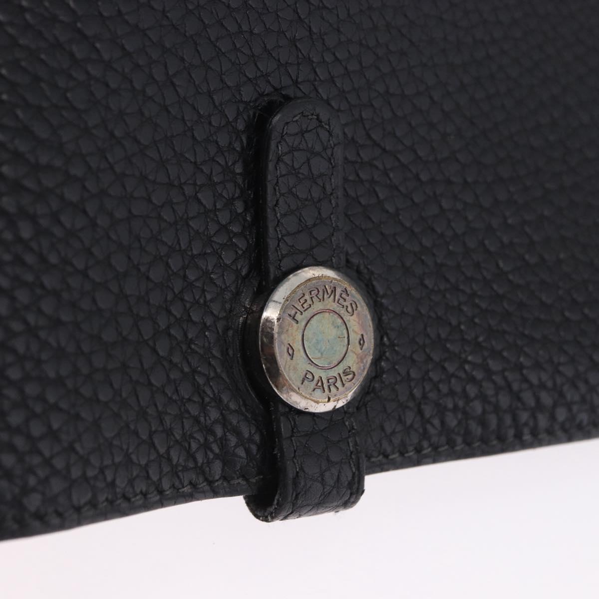 HERMES Dogon GM Wallet Leather Black Silver Auth 203322