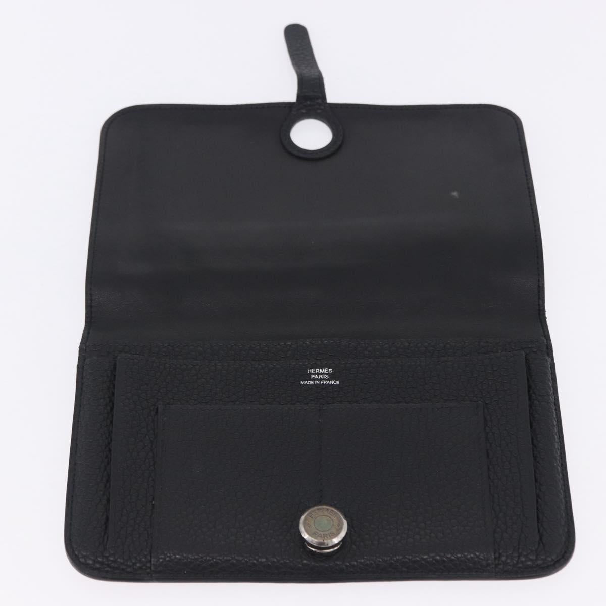 HERMES Dogon GM Wallet Leather Black Silver Auth 203322