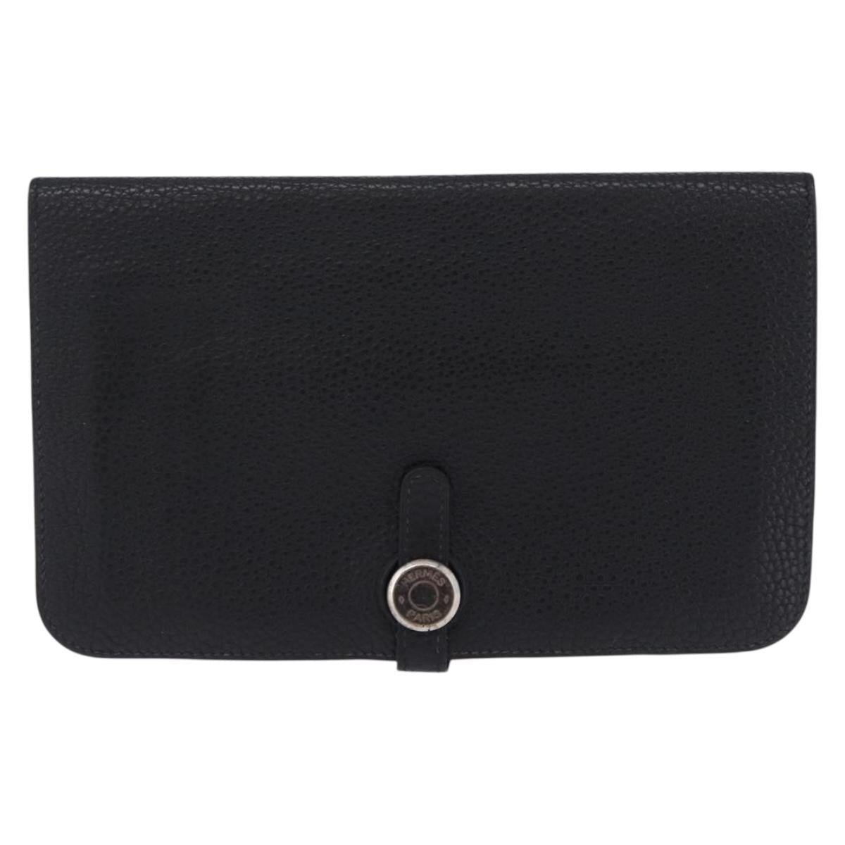 HERMES Dogon GM Wallet Leather Black Silver Auth 203322