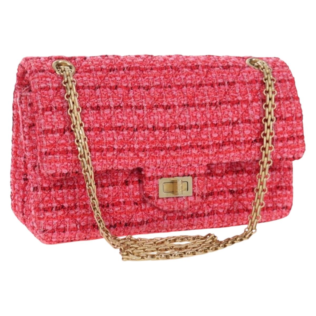 CHANEL Chain Matelasse 2.55 Shoulder Bag Tweed Pink Gold CC Auth 203324SM