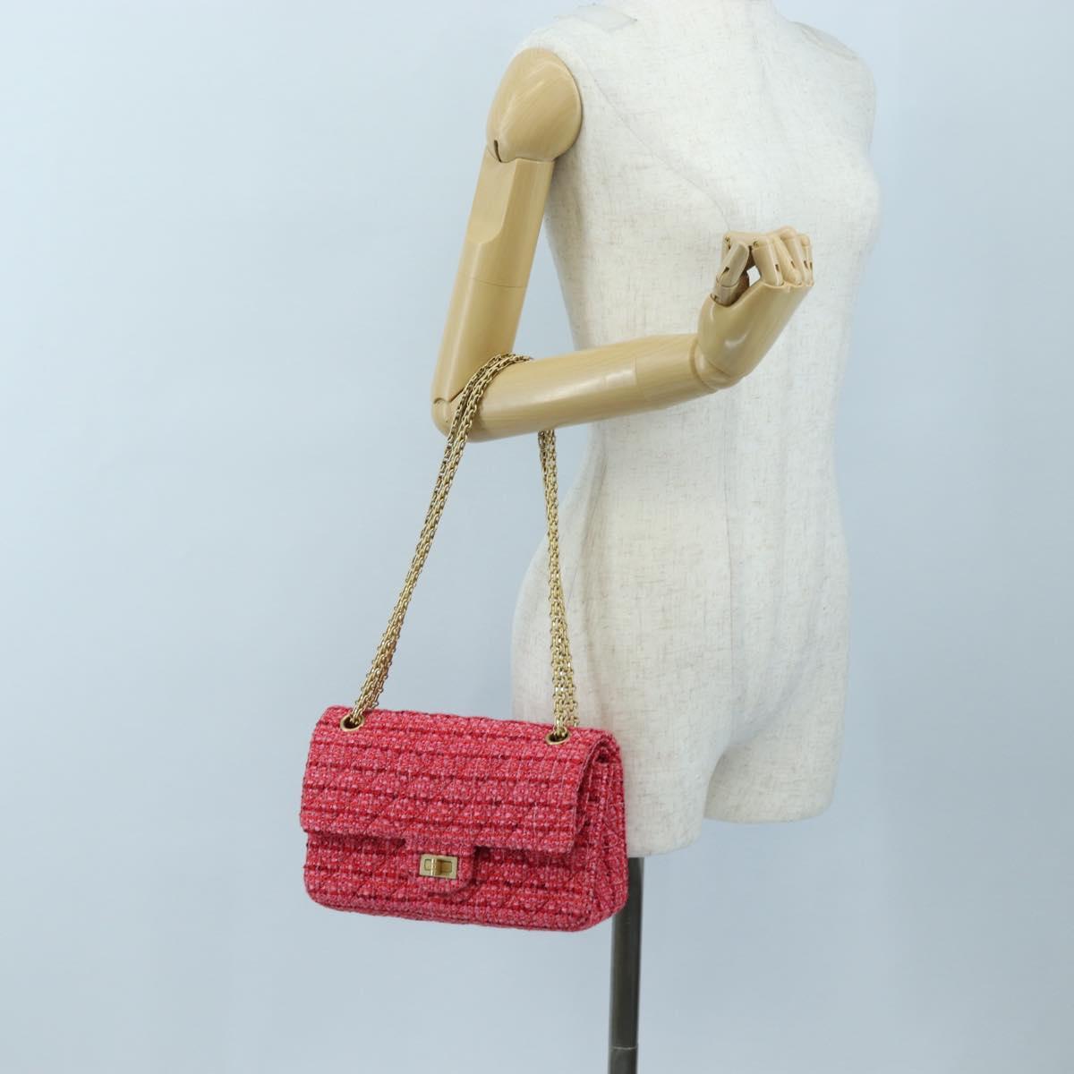 CHANEL Chain Matelasse 2.55 Shoulder Bag Tweed Pink Gold CC Auth 203324SM