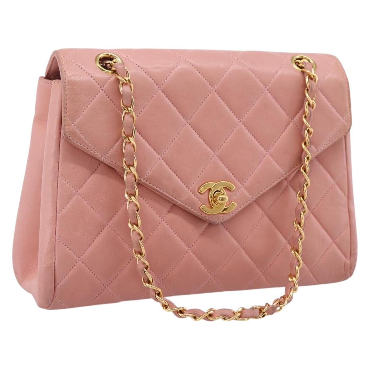 CHANEL Matelasse Chain Shoulder Bag Lamb Skin Pink Gold CC Auth 203333V