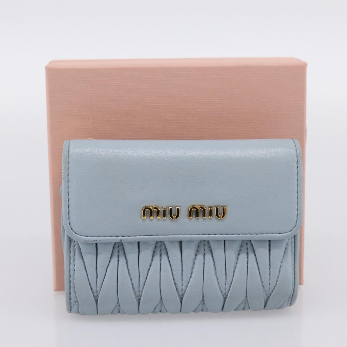 Miu Miu Matelasse Bifold Wallet Leather Light Blue Gold Auth 203339M