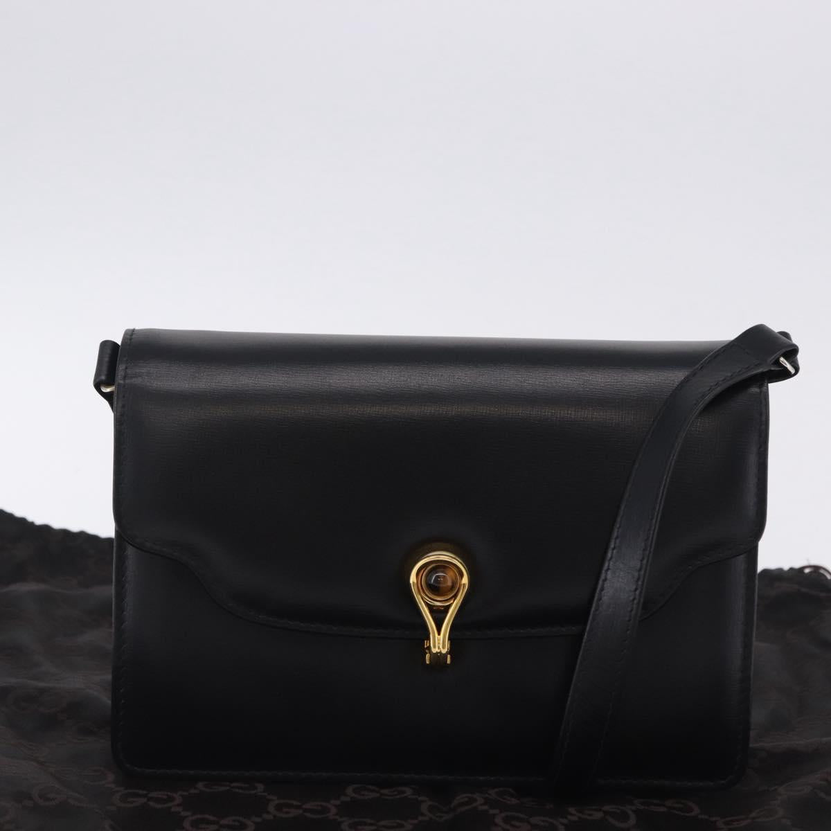 GUCCI Shoulder Bag Leather Black Gold Auth 203346V
