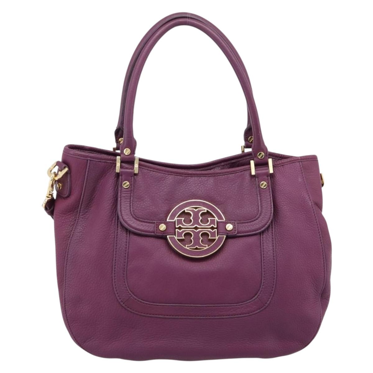 TORY BURCH Hand Bag Leather 2way Purple Gold Tone Auth 203348A