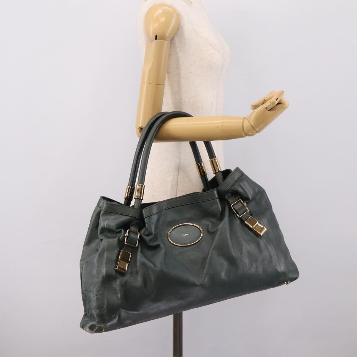 Chloe Victoria Tote Bag Leather Green Gold Tone Auth 203354