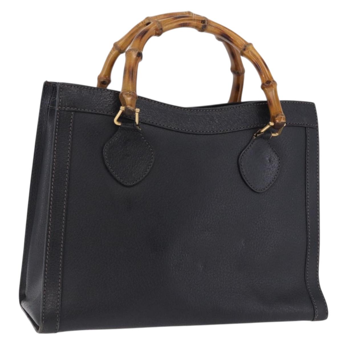 GUCCI Bamboo Hand Bag Leather Black Gold Tone 002 123 0260 Auth 203378