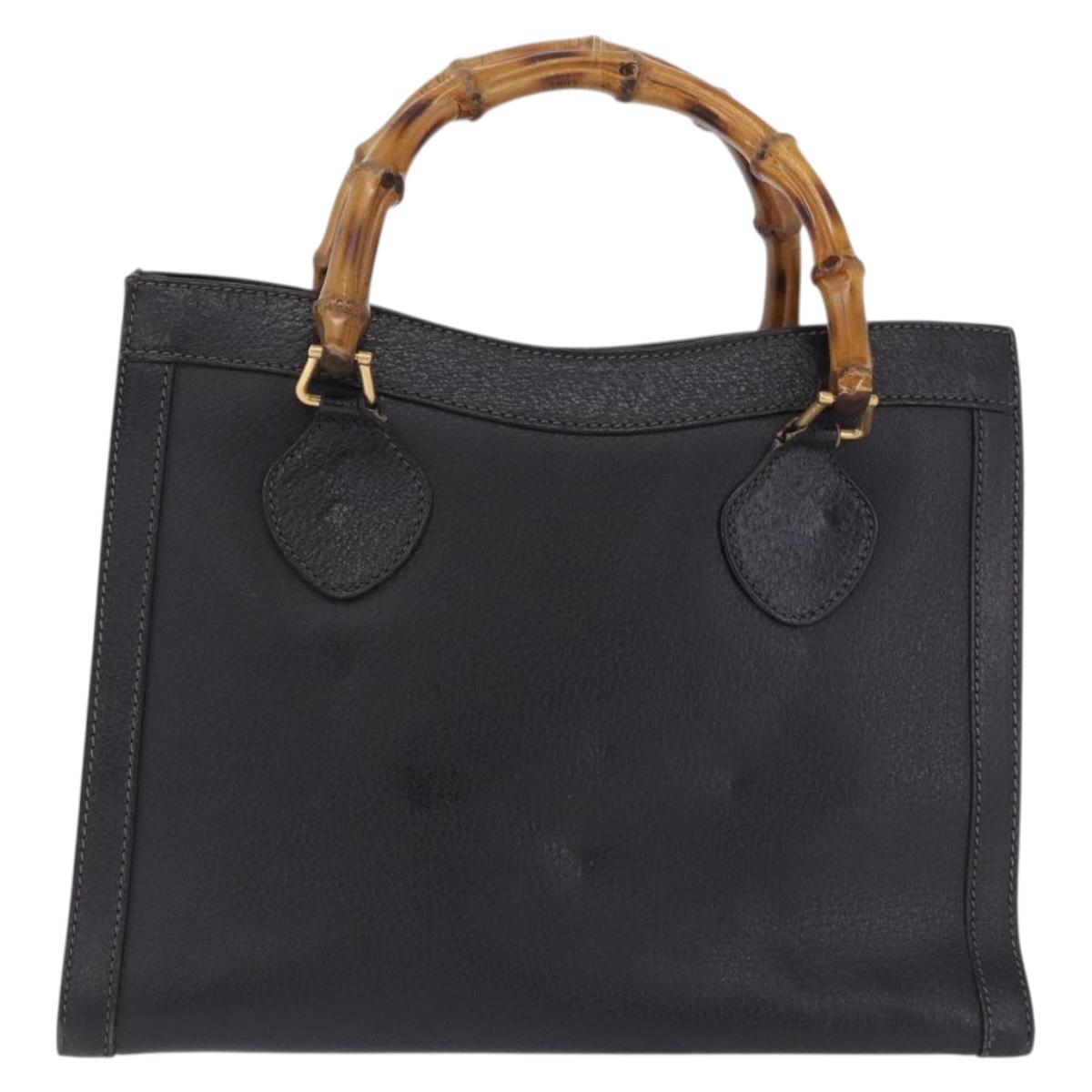 GUCCI Bamboo Hand Bag Leather Black Gold Tone 002 123 0260 Auth 203378