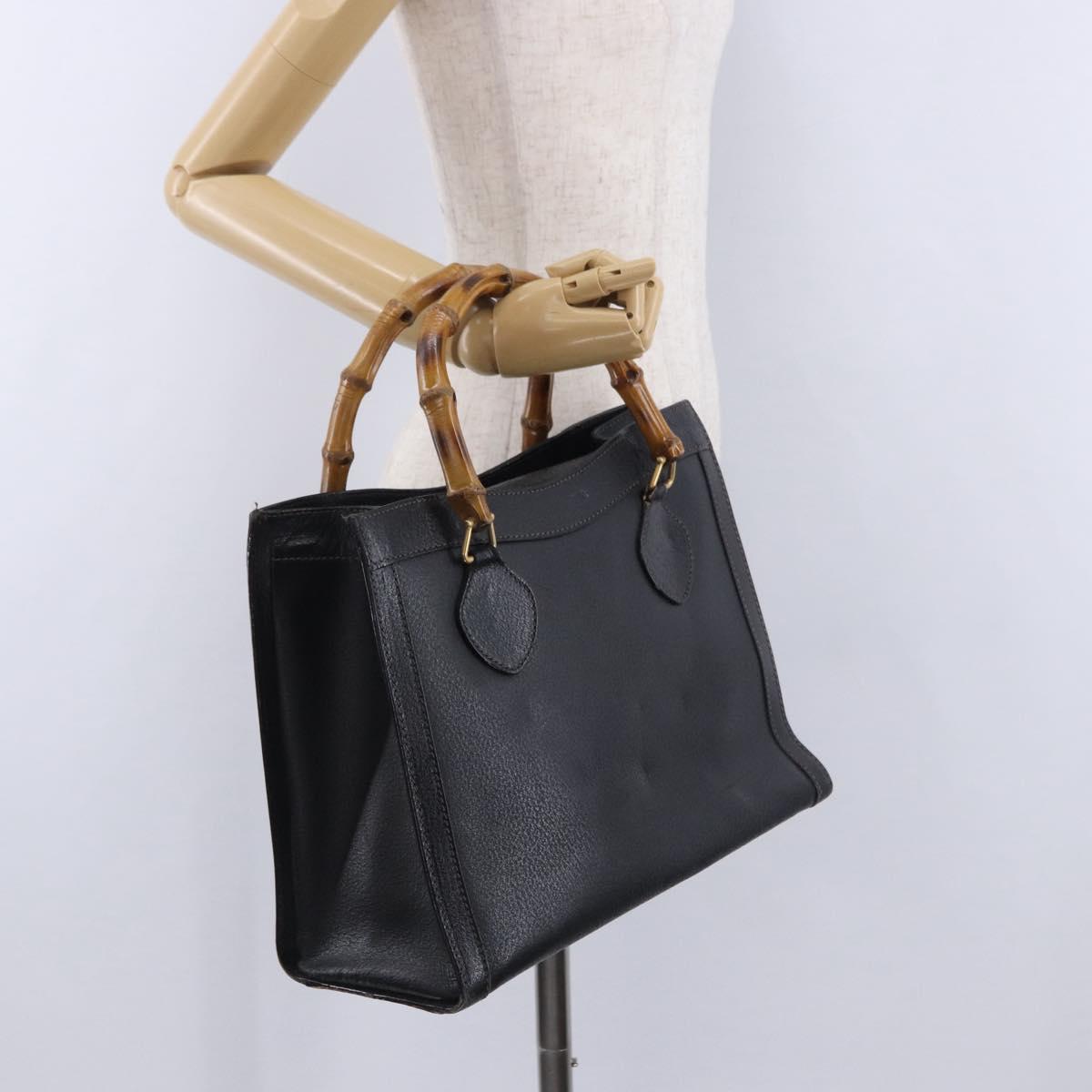 GUCCI Bamboo Hand Bag Leather Black Gold Tone 002 123 0260 Auth 203378