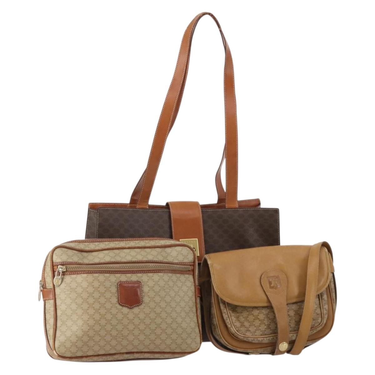 CELINE Macadam Canvas Shoulder Bag PVC Leather 3 Set Brown Beige Auth 203379