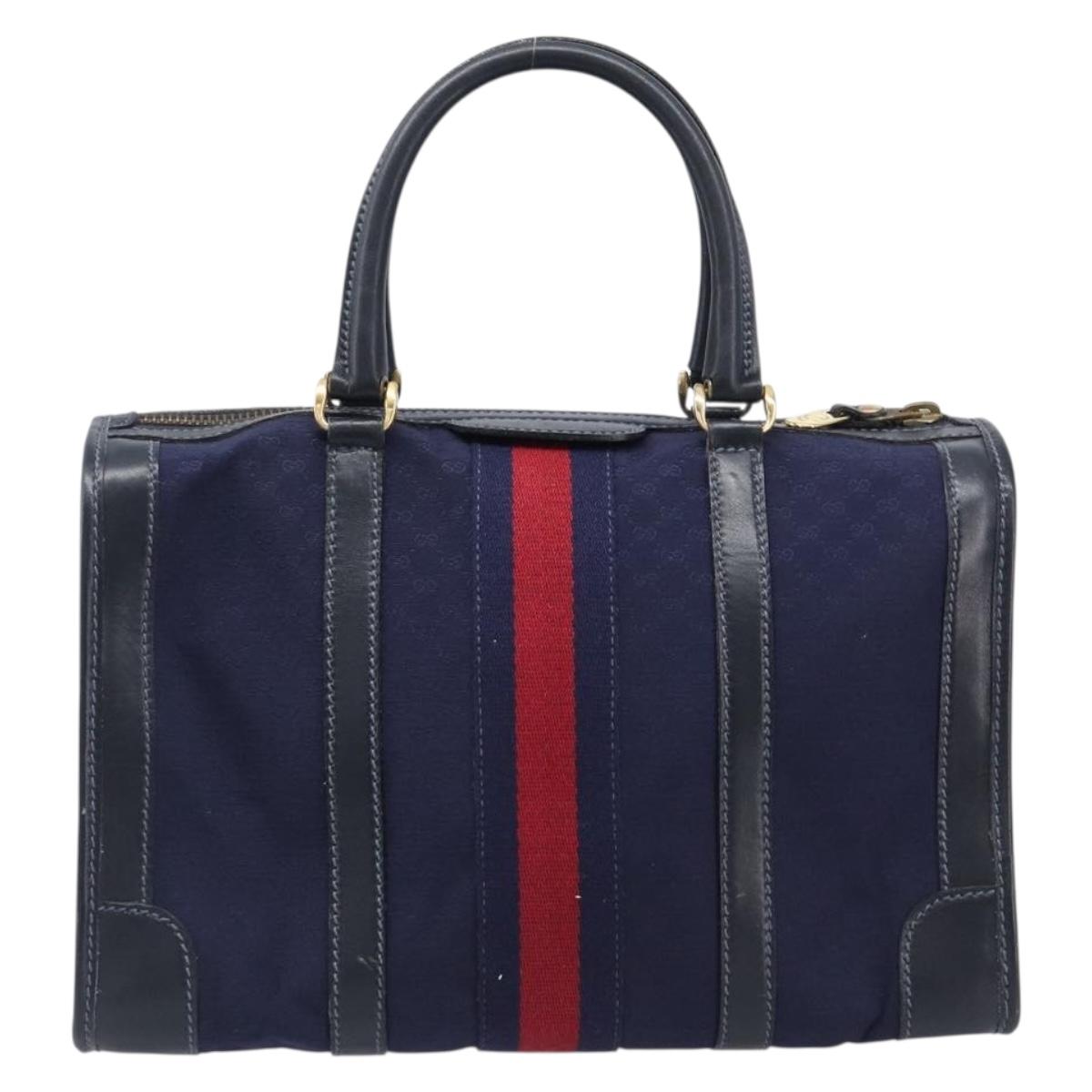 GUCCI Micro GG Canvas Sherry Line Boston Bag Navy Gold Auth 203400A