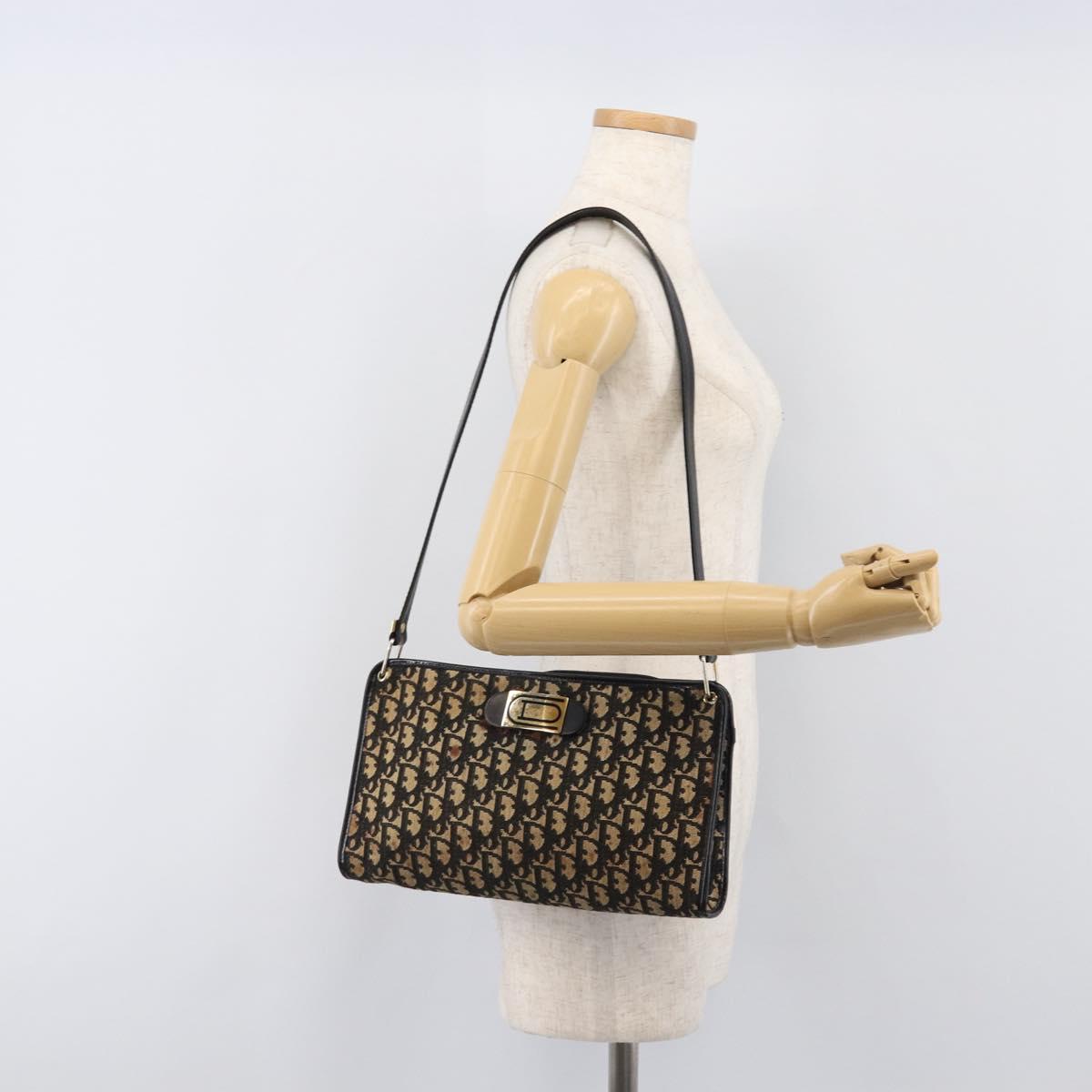 Christian Dior Trotter Canvas Shoulder Bag Navy Gold Auth 203401