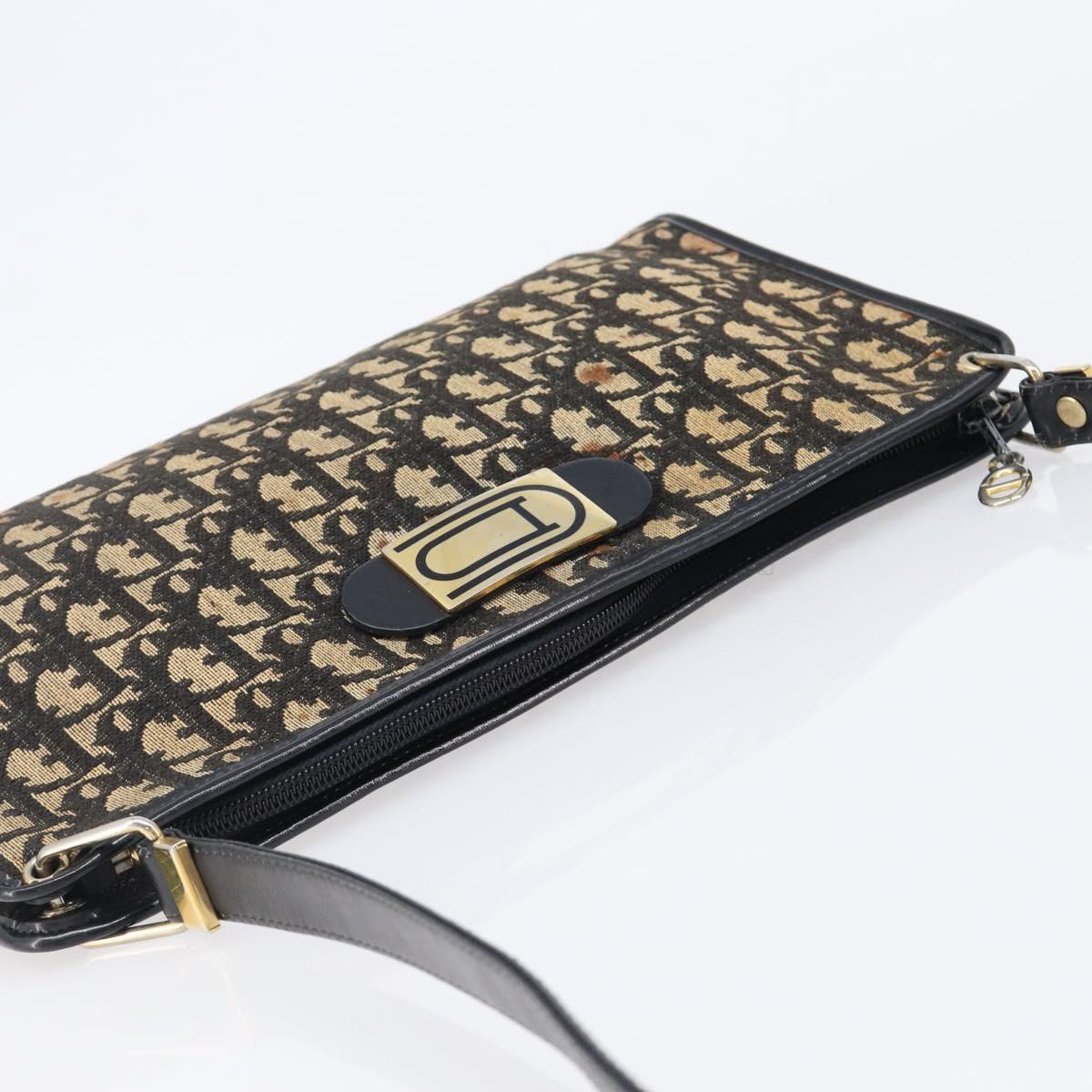 Christian Dior Trotter Canvas Shoulder Bag Navy Gold Auth 203401