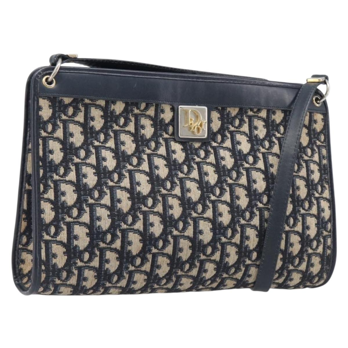 Christian Dior Trotter Canvas Shoulder Bag Navy Gold Auth 203402