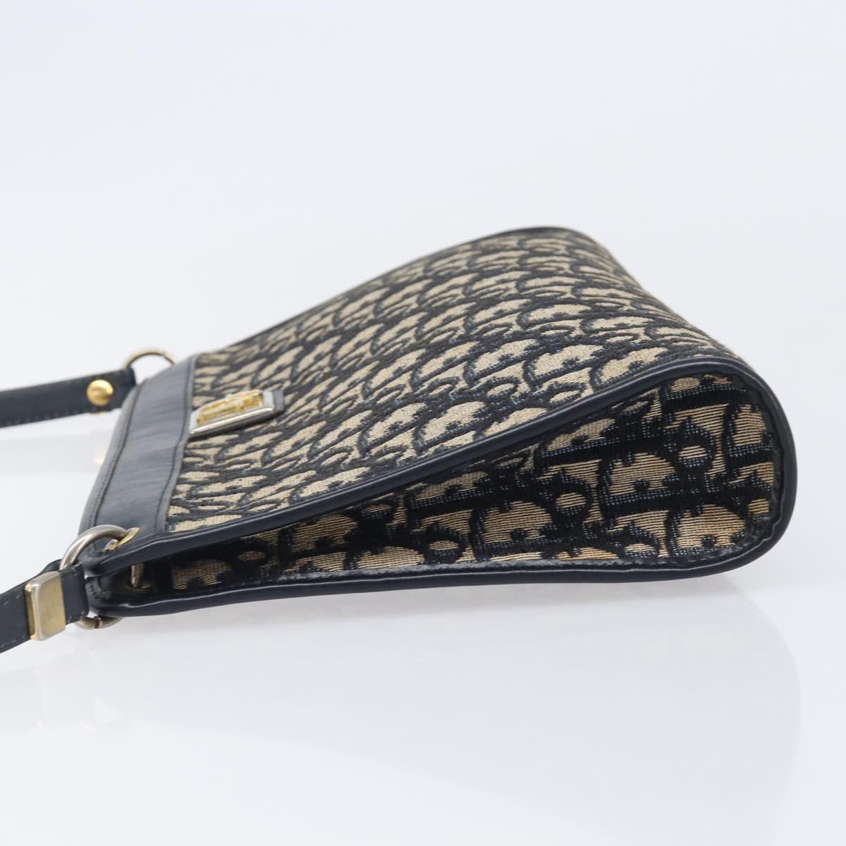 Christian Dior Trotter Canvas Shoulder Bag Navy Gold Auth 203402