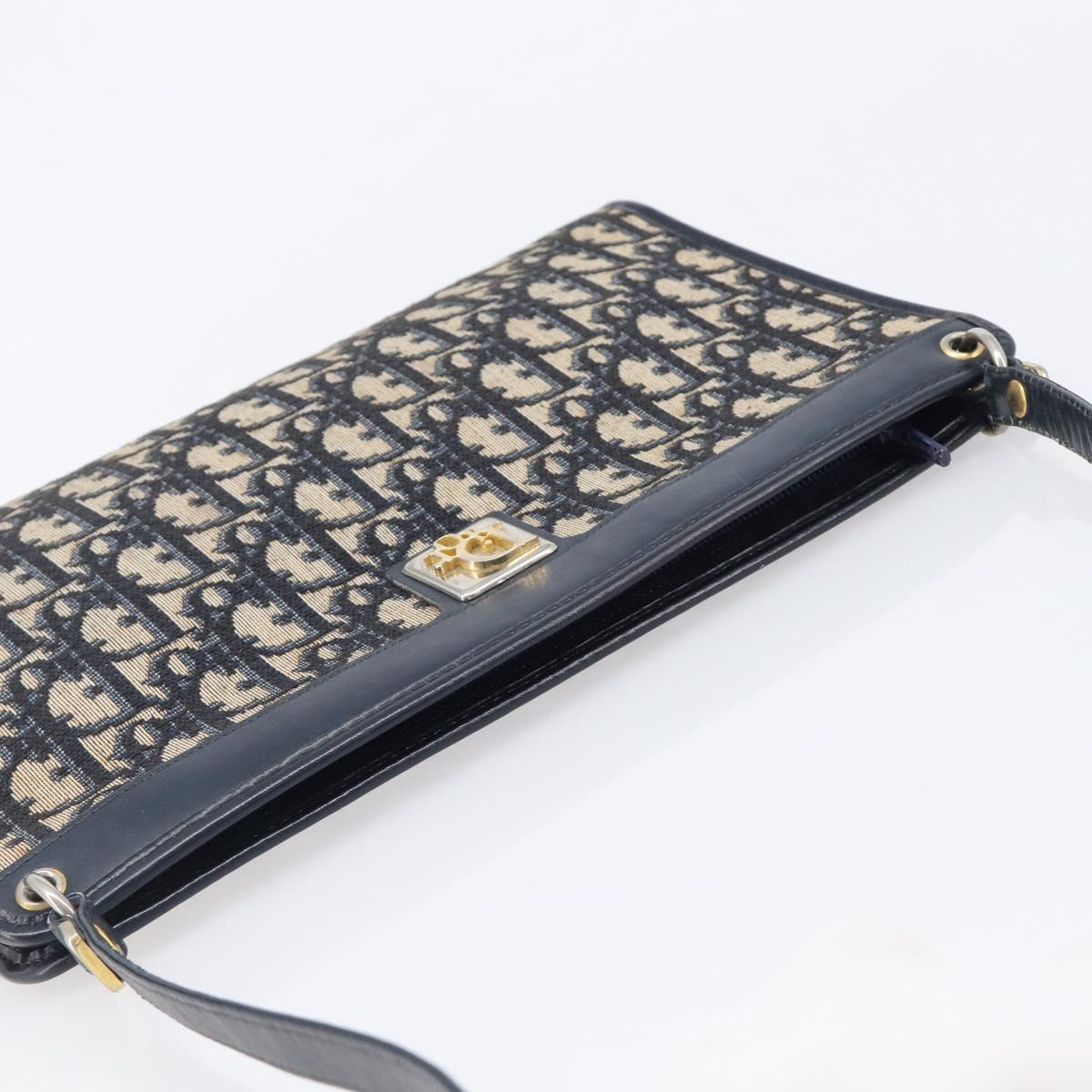 Christian Dior Trotter Canvas Shoulder Bag Navy Gold Auth 203402