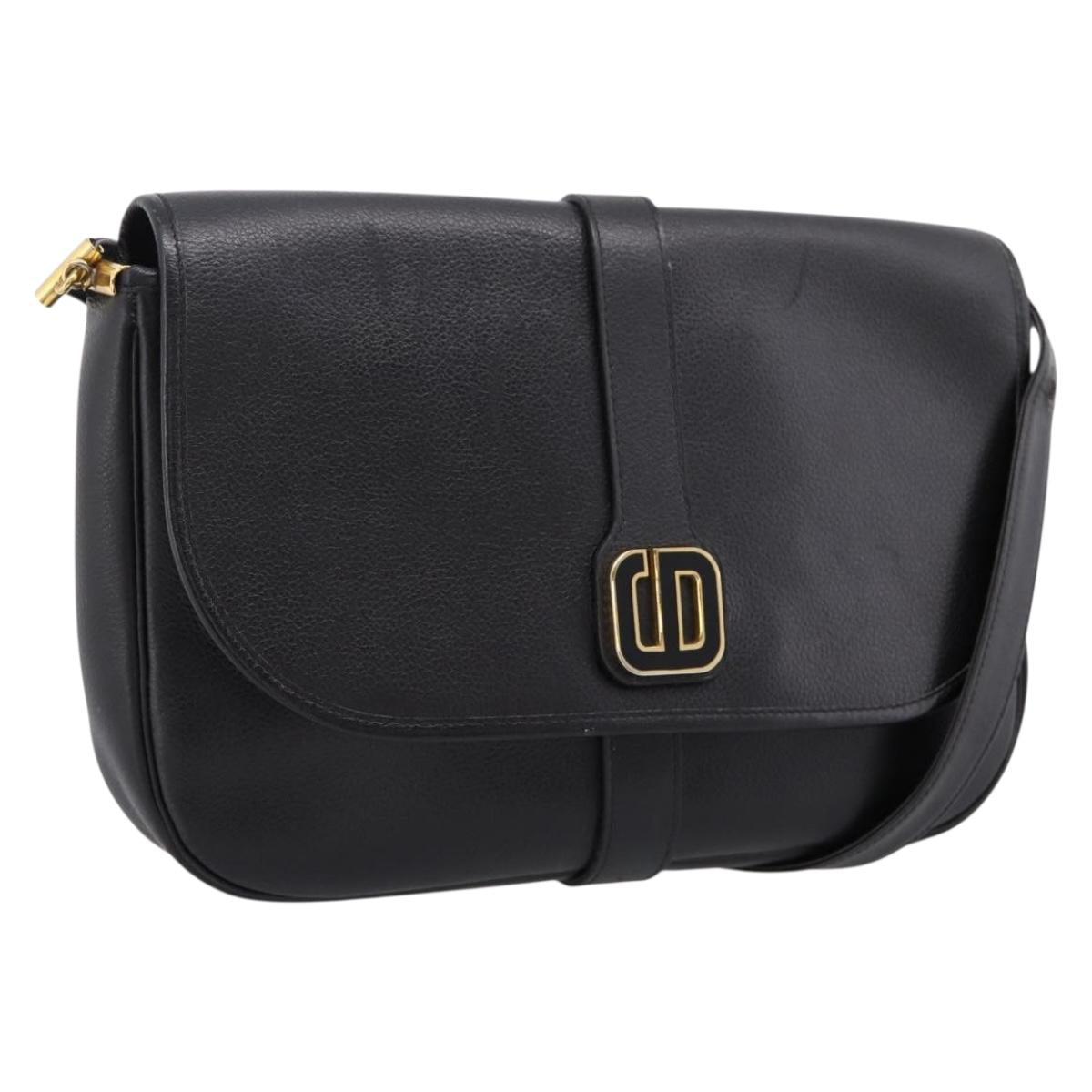 Christian Dior Shoulder Bag Leather Black Gold Auth 203420
