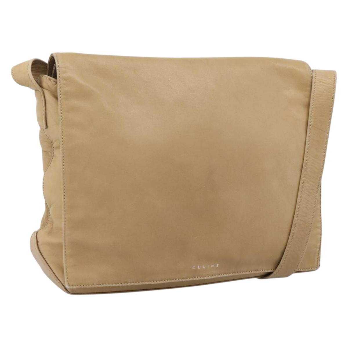 CELINE Shoulder Bag Leather Beige Silver Auth 203421