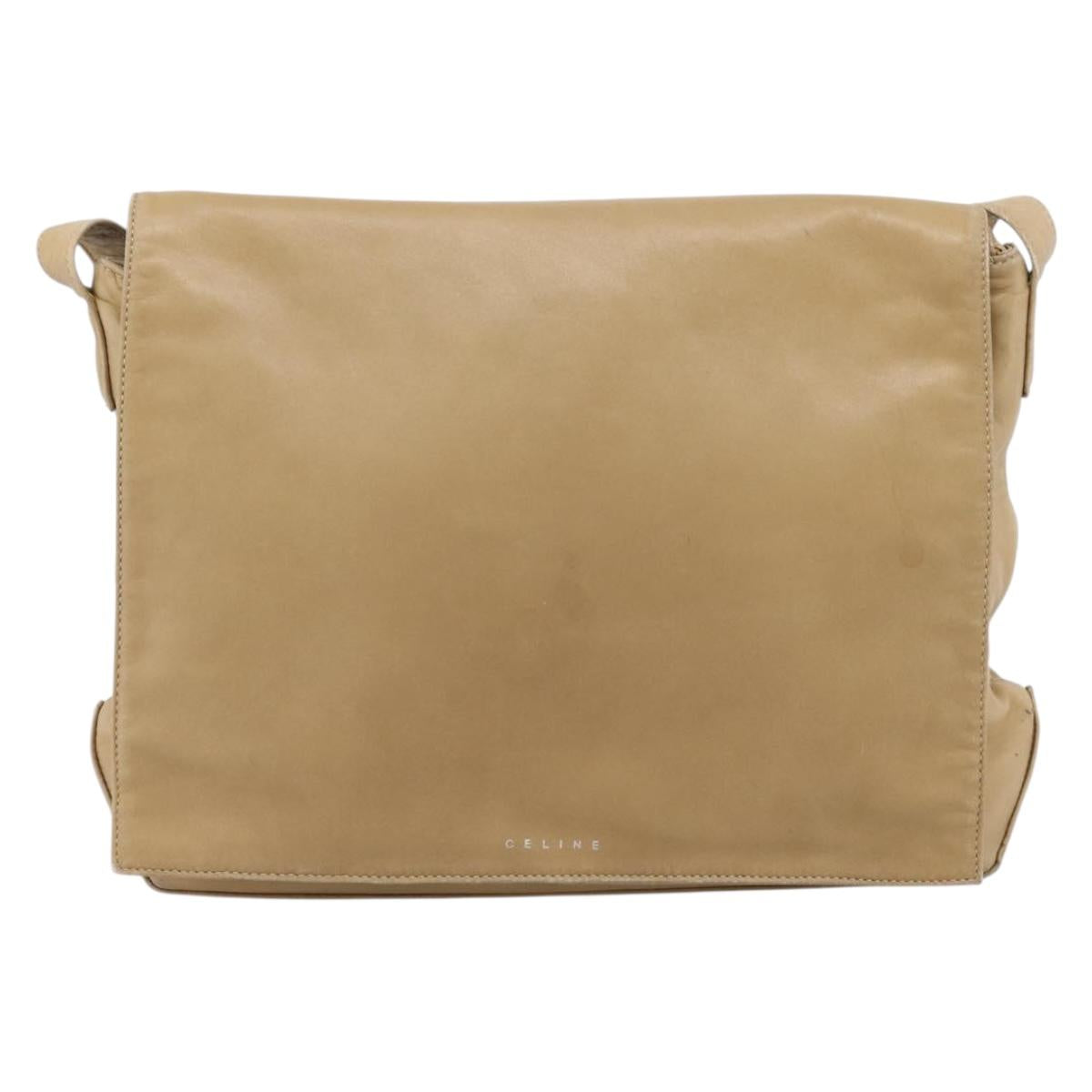 CELINE Shoulder Bag Leather Beige Silver Auth 203421