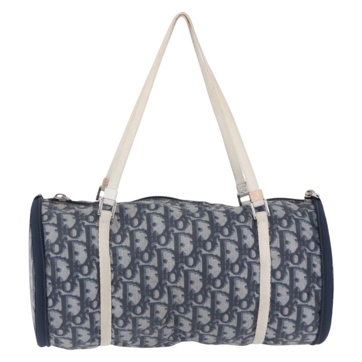Christian Dior Trotter Canvas Boston Bag Nylon Navy Silver Auth 203434