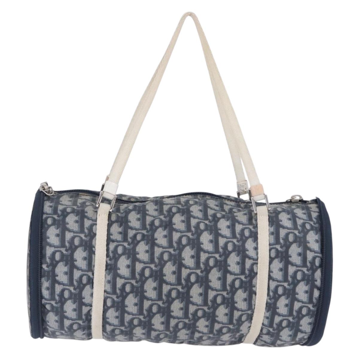 Christian Dior Trotter Canvas Boston Bag Nylon Navy Silver Auth 203434