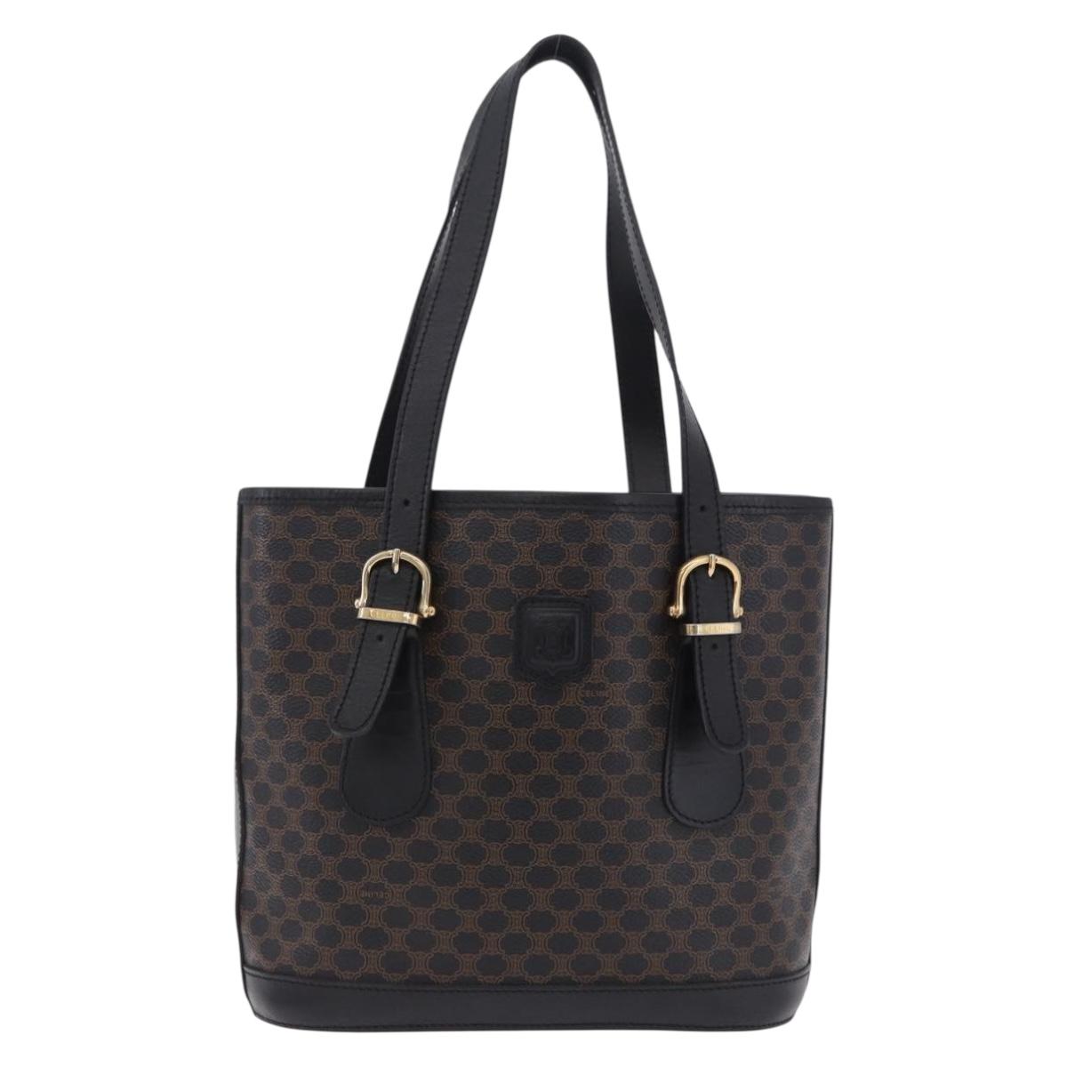 CELINE Macadam Canvas Tote Bag PVC Leather Black Gold Auth 203439V