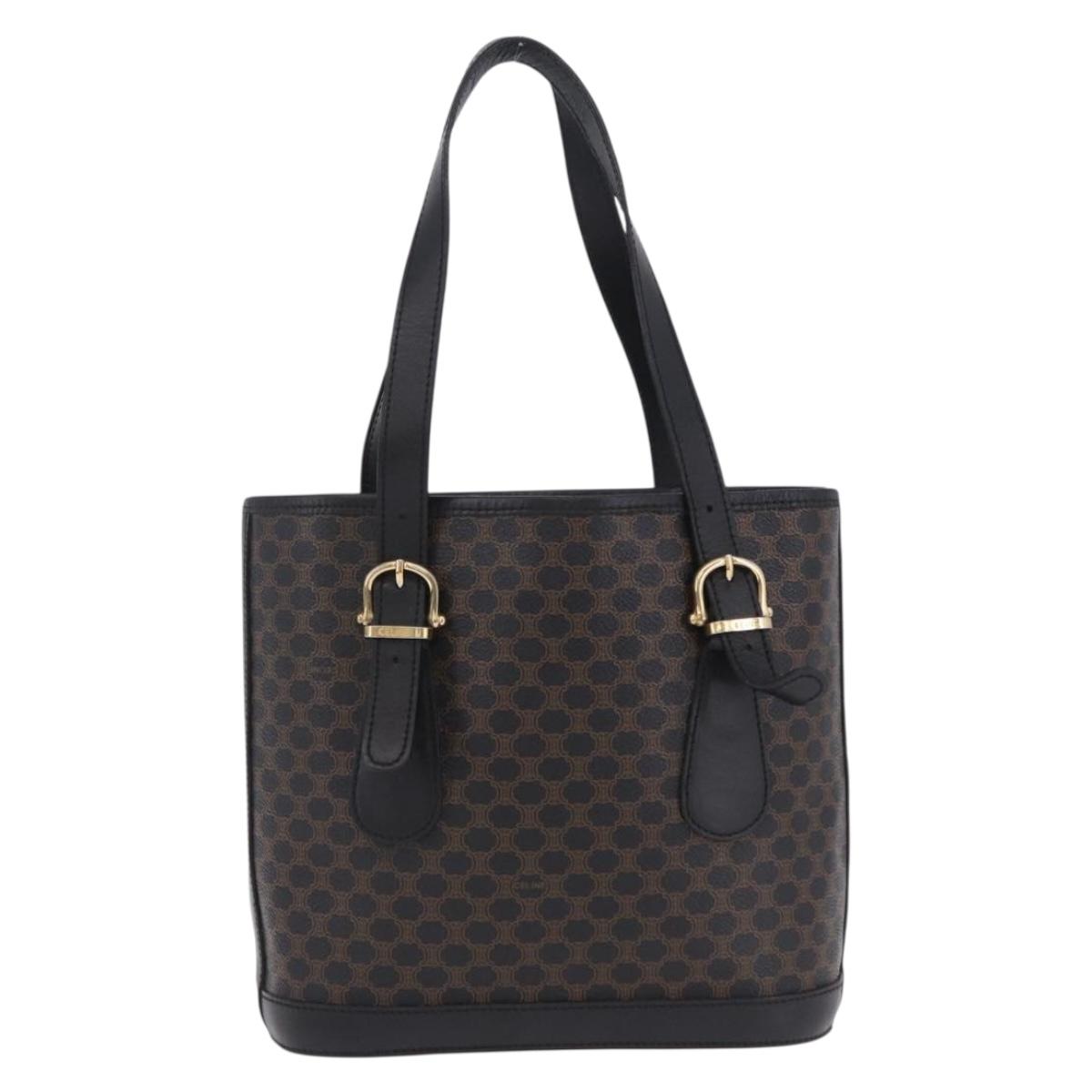 CELINE Macadam Canvas Tote Bag PVC Leather Black Gold Auth 203439V