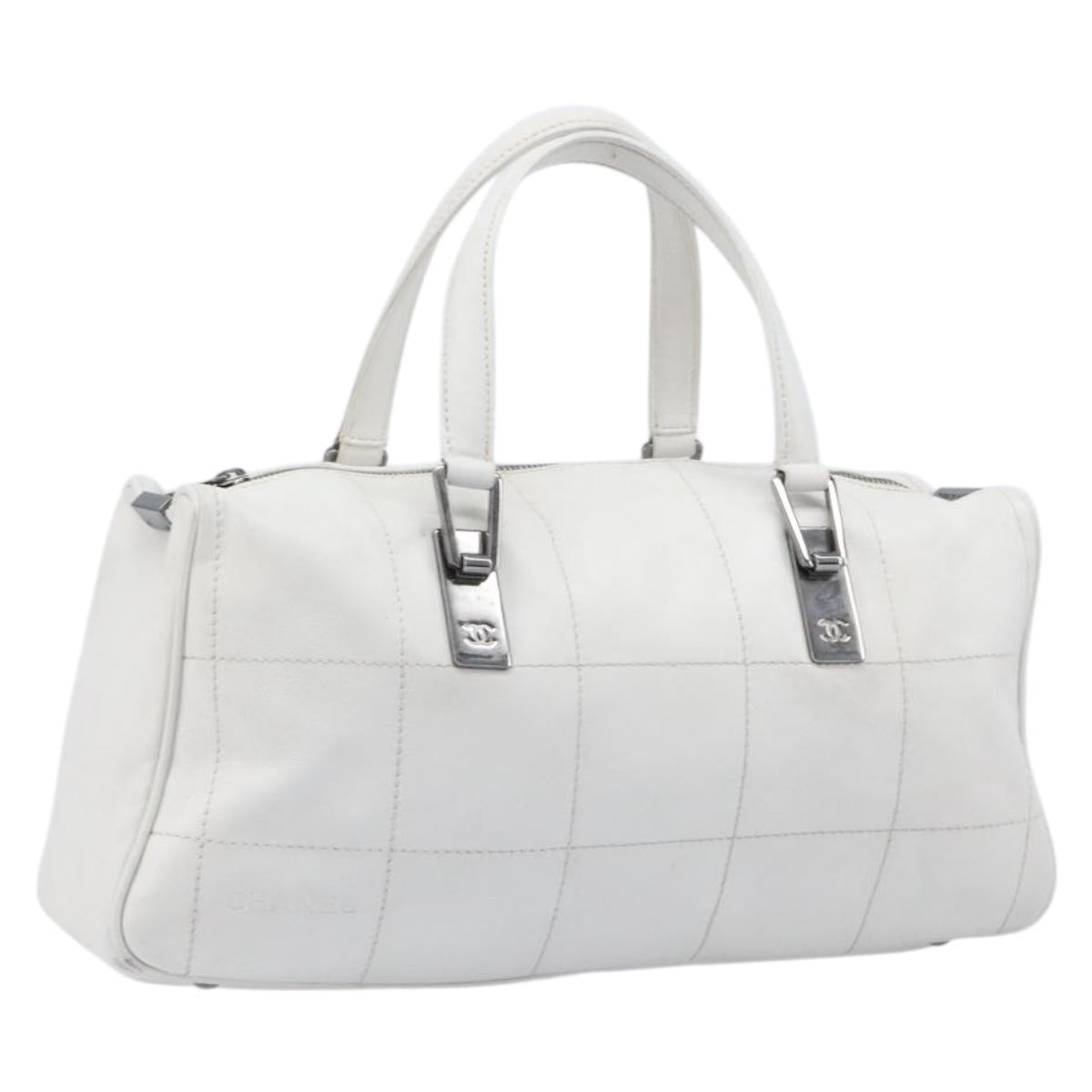 CHANEL Choco Bar Boston Bag Leather White Silver CC Auth 203440V